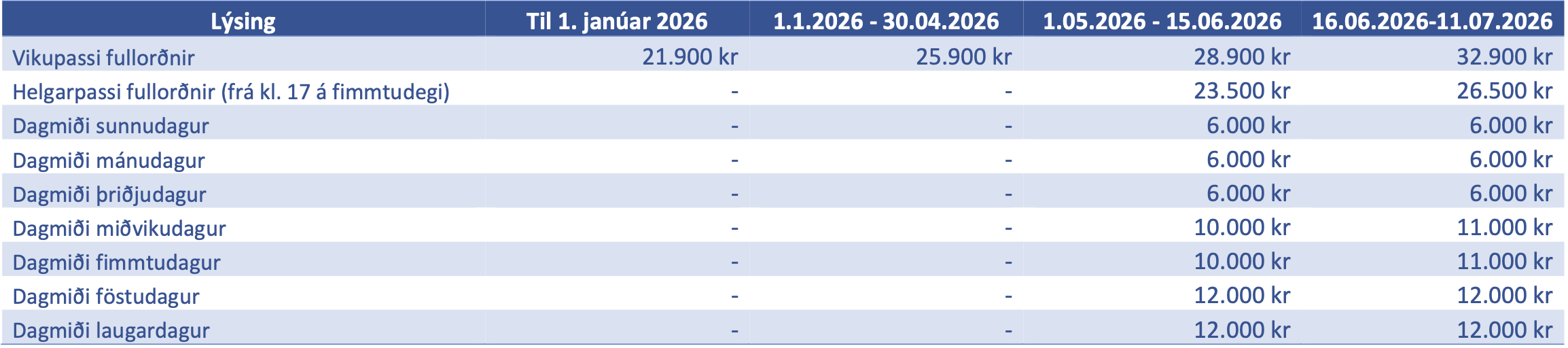 Verðskrá fullorðinna