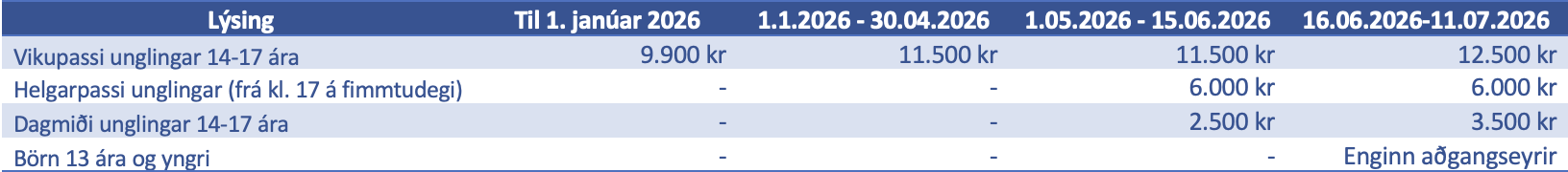 Verðskrá Börn og Unglingar