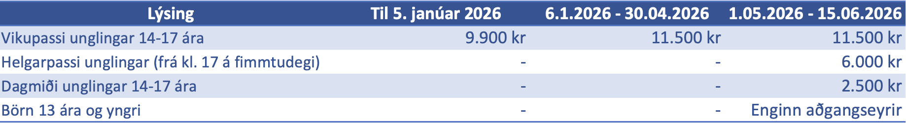 Verðskrá Börn og unglingar