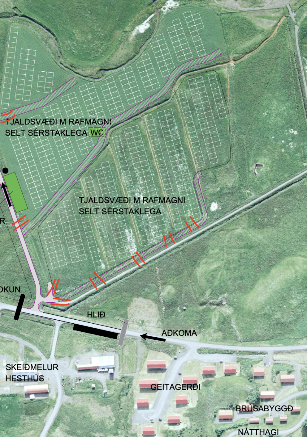 Upplýsingar um aðgengi inn á tjaldsvæði með rafmagni